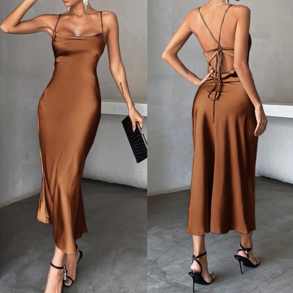 Luxe tie open back satin cami party formal evening wedding dress - Picture 3 of 16